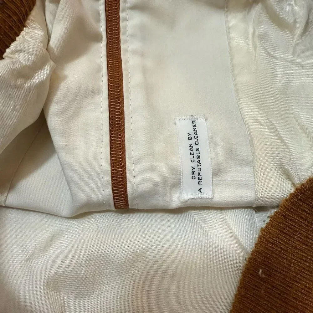 Vintage Cream Brown Canvas Aviator Leather Bomber Jacket Coat Medium